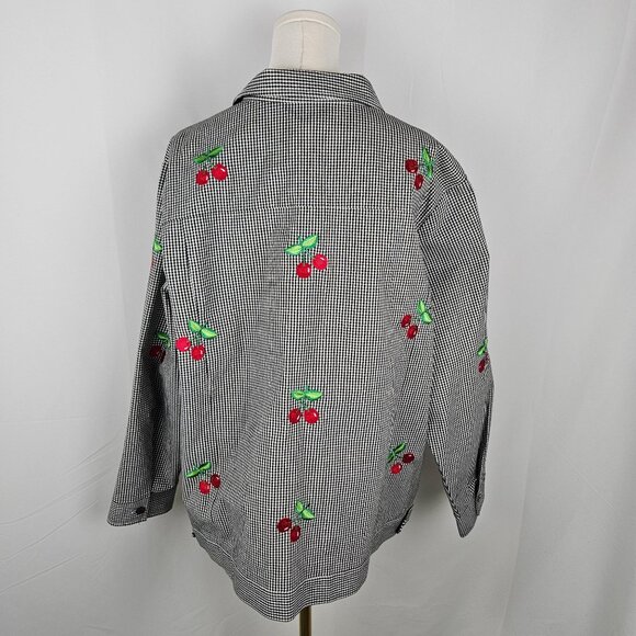 Quacker Factory Black & White Jacket Gingham Cherry Embroidered 1X Rockabilly - Picture 4 of 10